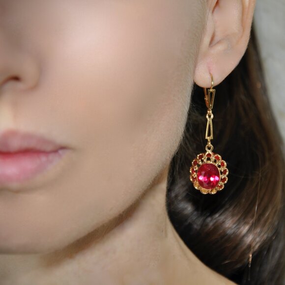 16k Yellow Solid Gold Victorian Inspired Rosette Earrings/Danglers - Picture 3 of 7